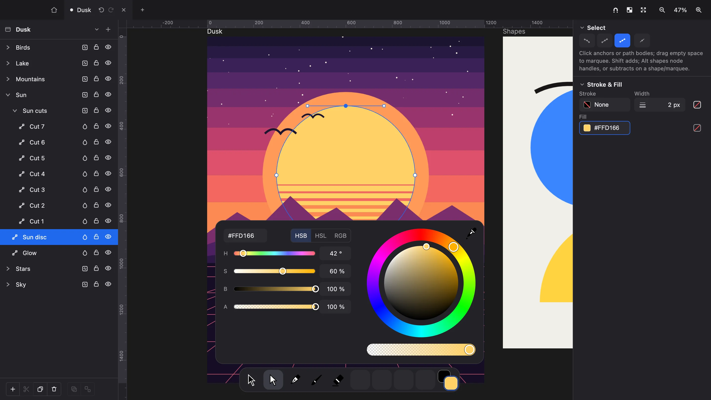 Lucy editing a vector poster: the sun’s anchors selected, its fill open in the colour panel, and the poster’s layers in the Layers panel.
